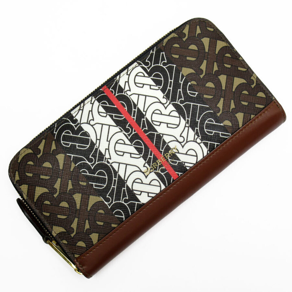 Burberry round zipper long wallet leather canvas brown multicolor